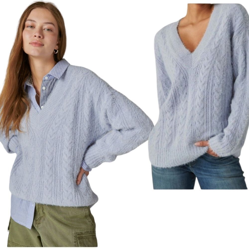 Lucky Brand V-Neck Relaxed Fit Eyelash Sweater softer-than-soft sz S blue cable